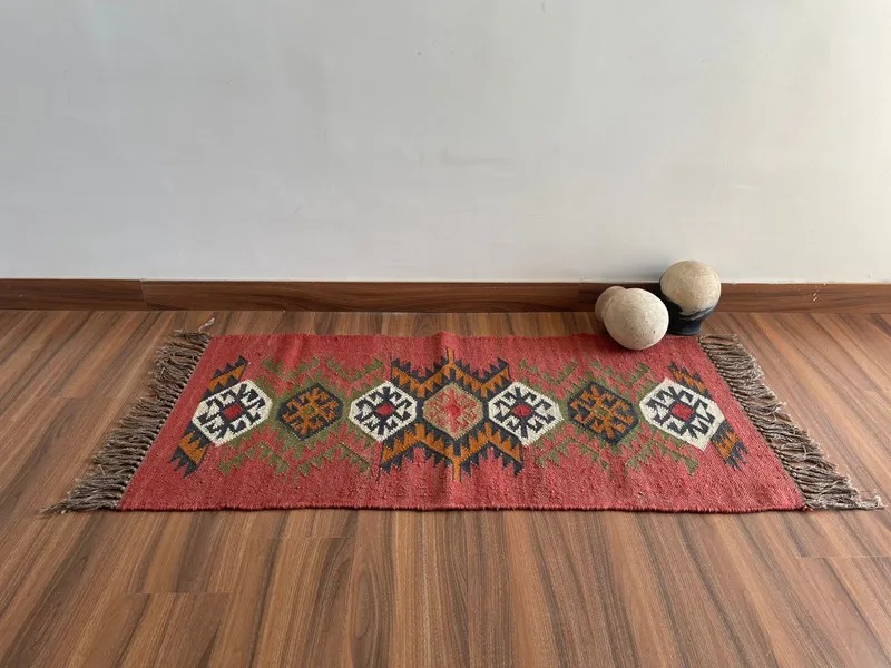RajaKilims Wool And Jute Dhurrie Rug Multicolor Wool & Jute